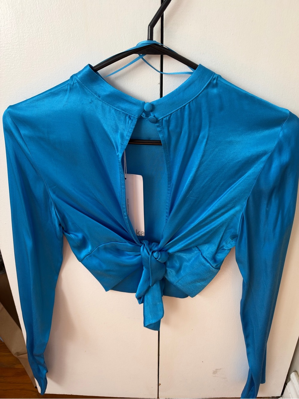 Bershka Satin Tie-Front Crop Top in Bright Blue